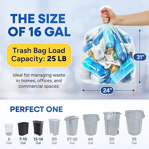 20-30 Gallon Trash Bags, Clear Trash Bags 30'W x 37'L, 8 Micron Clear Garbage Bags, 20-30 Gal High-Density Garbage Can Liners, Fits Square and Round Trash Cans, Pack of 500 - Poueer