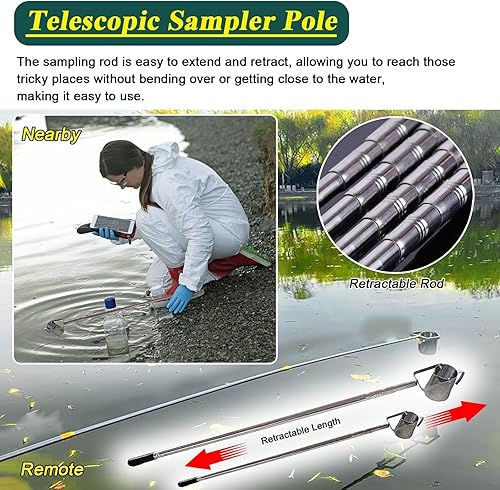 Water Sampling Dipper Long Handle Telescopic, Stainless Steel Water Sample Collection Pole with Graduated Cup, Reservoir/Pond/River Portable Pendulum Beaker Sampler Cup, Extend to 23 20 16 12 8 5 2ft( - Poueer