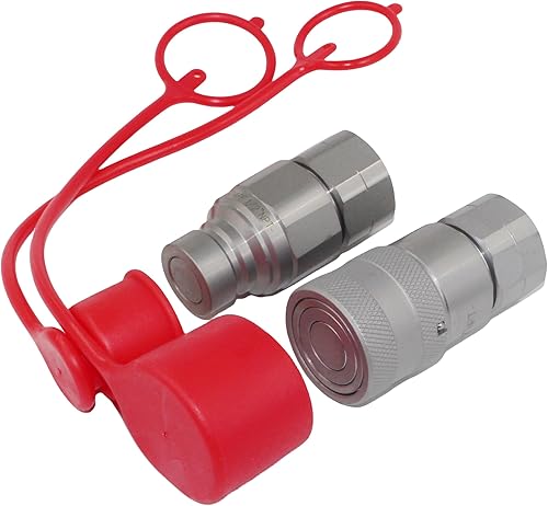1/2'' NPT Flat Face Hydraulic Quick Connect Coupling Set Skid Steer Loader Quick Disconnect Coupler with Dust Caps ISO12.5 - Poueer