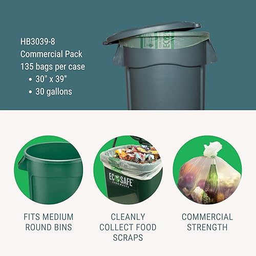 EcoSafe-6400 HB3039-8 Certified Compostable Bag - 30x39” Green Bags for 30 Gallon Bin - Extra Strong Leak, Puncture and Tear Resistant Food Scraps Bin Liners, Pack of 135 - Poueer