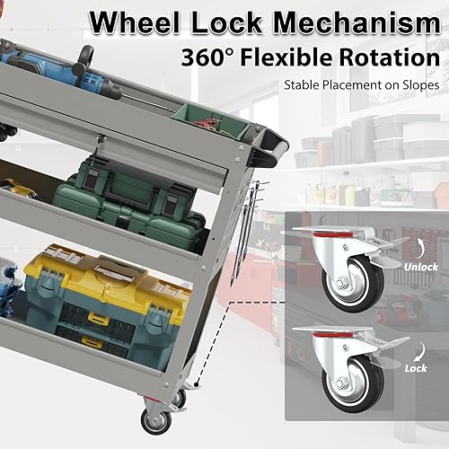 3 Tier Foldable Service Cart with Wheels, Rolling Collapsible Folding Utility Cart for Home, Office, Garage, and Warehouse (Red) - Poueer