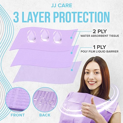JJ CARE Dental Bibs [Pack of 500] - 13' x 18' Purple Dental Bibs, 3 Ply Waterproof Dentist Bibs, Dental Bibs Disposable for Eyelash Extension, Patient Bibs for Nail Art, Dental Napkins for Piercing - Poueer