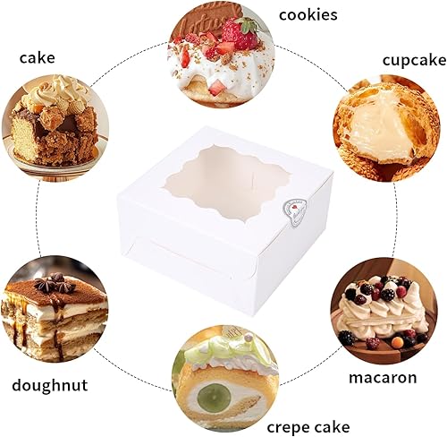 100 pcs 6x6x3 Inches Small Cake Box with Window, Bakery Pastry Cookie Boxes, Mini Pie for Pastry,Dessert,Strawberries,Chocolates, Cupcakes with paper stickers (Brown) - Poueer