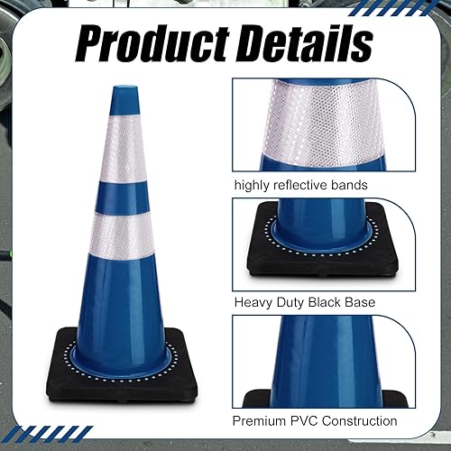 6 Pack Traffic Safety Cones Plastic PVC Blue Traffic Cones with Black Base and Reflective Collars for Street Hazards, Training, Road Construction, Parking Lot (18 Inch) - Poueer