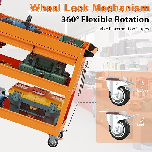 3 Tier Foldable Service Cart with Wheels, Rolling Collapsible Folding Utility Cart for Home, Office, Garage, and Warehouse (Red) - Poueer