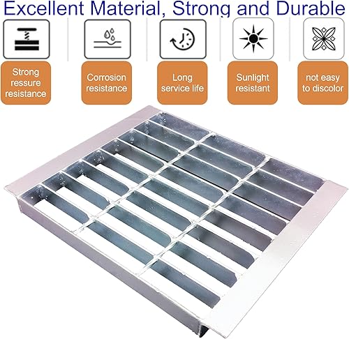 Galvanized Steel Drain Grate with Base, 16x16 Outdoor Drain Cover and Frame, B Class Sewer Grate with Lip, Durable Heavy Duty Channel Grate, Sliver Square Drainage Grate Driveway - Poueer