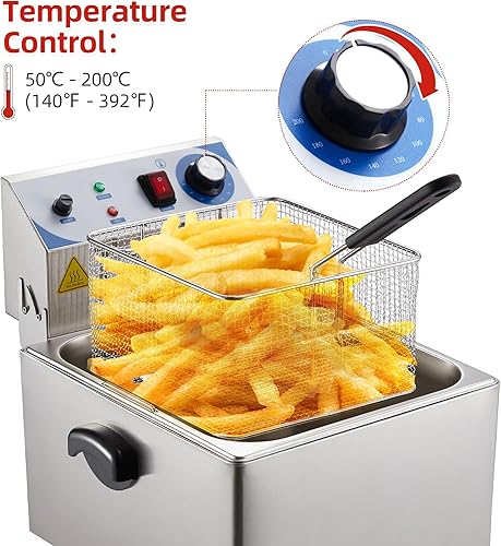 Garvee Commercial Deep Fryers, 11 L/10.45 Qts Detachable Extra Large with Temperature Control, Basket and Lid for Restaurants and Commercial Use(Stainless Steel, Sliver) - Poueer