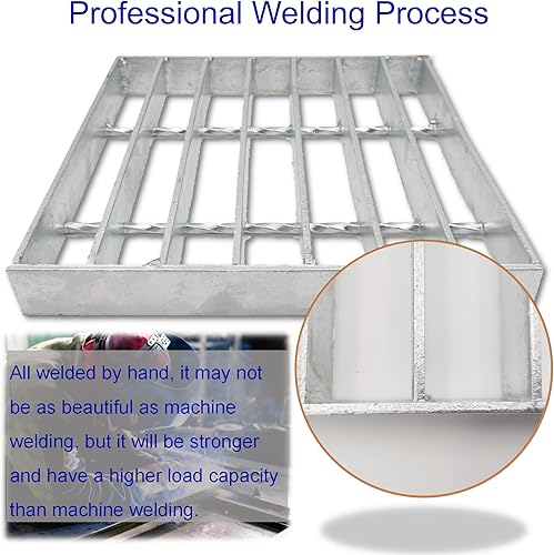 Galvanized Steel Drain Grate with Base, 16x16 Outdoor Drain Cover and Frame, B Class Sewer Grate with Lip, Durable Heavy Duty Channel Grate, Sliver Square Drainage Grate Driveway - Poueer