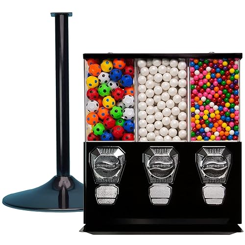 Vending Machine - Commercial Gumball and Candy Machine with Stand - Black Triple Vending Machine with Interchangeable Canisters - Coin Operated Candy Dispenser and Gumball Machine - Vending Dispenser - Poueer
