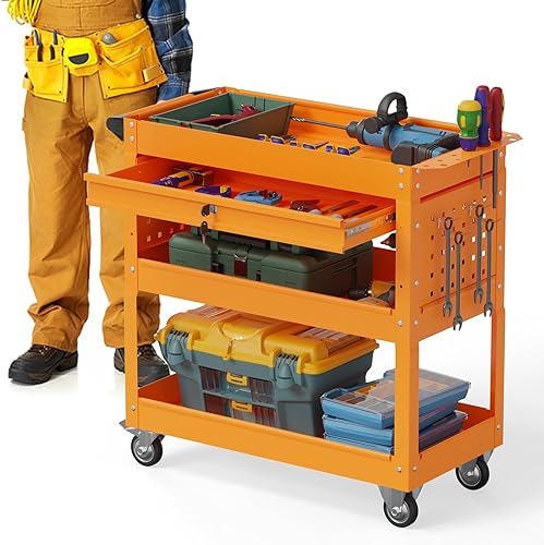 3 Tier Foldable Service Cart with Wheels, Rolling Collapsible Folding Utility Cart for Home, Office, Garage, and Warehouse (Red) - Poueer