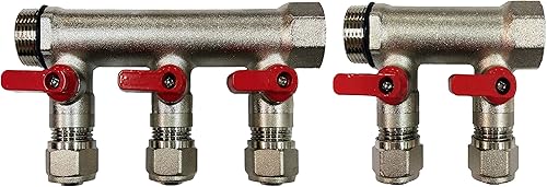 5 Loop Plumbing Manifold w/ 3/4' trunk & 1/2' pex ball valves, red handle - Poueer