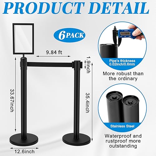 Geelin 6 Pack 9.8 ft Heavy Duty Crowd Control Stanchions Stainless Steel Stanchion Set with 6 Safety Barrier Post with Retractable Belt and 1 Sign Holder Crowd Control Barrier (Black) - Poueer