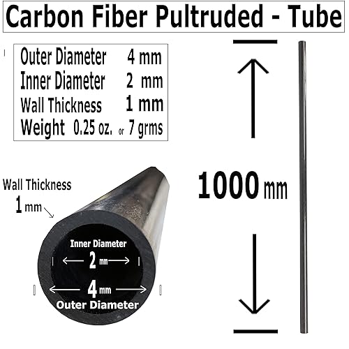 – Carbon Fiber Tube - 4mm X 2mm x 1000mm – Pultruded Round Hollow Carbon Fiber rods Black Matte Finish - Pure Carbon Fibre Hollow Tube shafts - for RC Planes-Drones, Boat DIY Craft Projects - Poueer