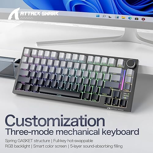 ATTACK SHARK X820ULTRA Wireless Gaming Mechanical Keyboard with TFT Smart Display&Knob,Side Printed PBT,Gasket Mounted 75% TKL Keyboard,BT5.0/2.4GHz/USB-C,RGB Backlit（White Contour,Shark Switch - Poueer