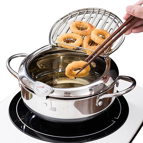 Deep Fryer Pot, 11 Inch 4.2L Stainless Steel Japanese Tempura Frying Pot with Lid, Temperature Control, Oil Drip Drainer Rack for Fried Chicken, Shrimp, French Chips - Poueer
