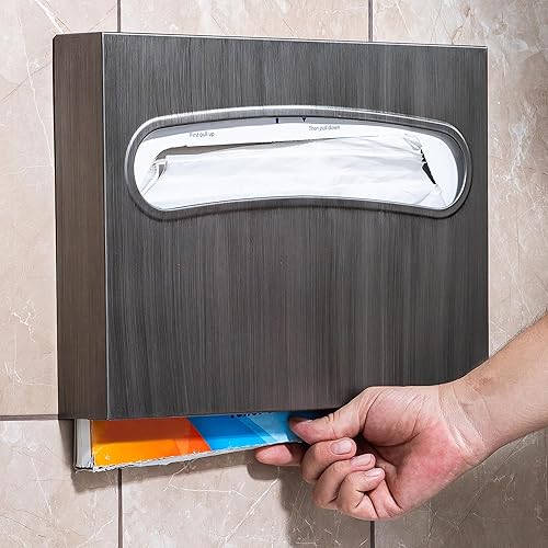 Toilet Seat Cover Dispenser - Enhanced Anti-Fingerprint Coating, HighQuality Stainless Steel, Wall-Mounted for Commercial Bathrooms - Holds 250 Seat Covers - Gold - Poueer