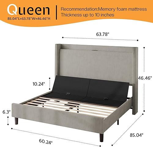 Jocisland Queen Adjustable Bed Frame with Smart Adjustable Bed Base and Storage Headboard, Corduroy Upholstered Electric Bed Head Incline, Charging Station, No Box Spring Needed, Light Grey - Poueer