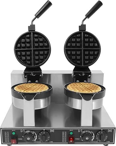 Commercial Waffle Maker, 2400W Electric Professional Round Double Head Waffle Machine for Household Bakeries Snack Bar - Poueer