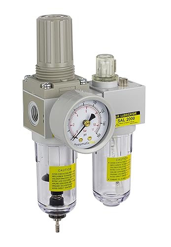 PneumaticPlus SAU2010M-N02G Mini Two-Unit Compressed Air Filter Regulator Lubricator Piggyback Combo 1/4' NPT - Poly Bowl, Manual Drain, Gauge - Poueer