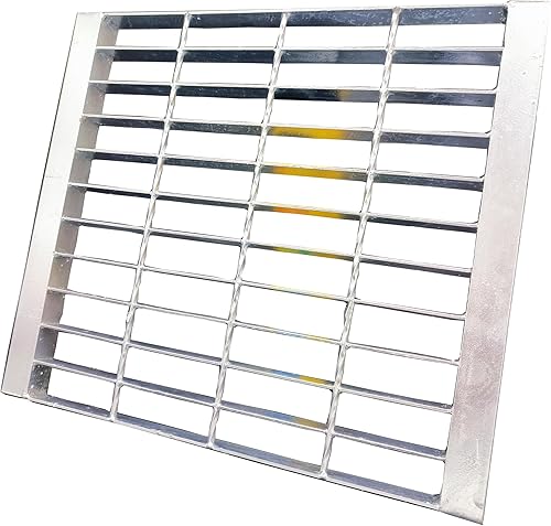 Galvanized Steel Drain Grate with Base, 16x16 Outdoor Drain Cover and Frame, B Class Sewer Grate with Lip, Durable Heavy Duty Channel Grate, Sliver Square Drainage Grate Driveway - Poueer