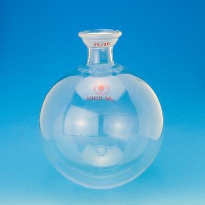 6902-241 Single Neck Receiving Boiling Flask, Spherical, Round Bottom, Heavy Wall, 1L Capacity, 35/25 Joint - Poueer