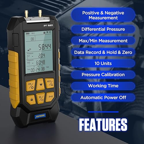 AUTOOL Manometer Gas Pressure Tester,Digital Manometer HVAC,11 Units Differential Dual Port Pressure Gauge -100 to 200Kpa,Data Zeroing with Backlight LCD Display - Poueer