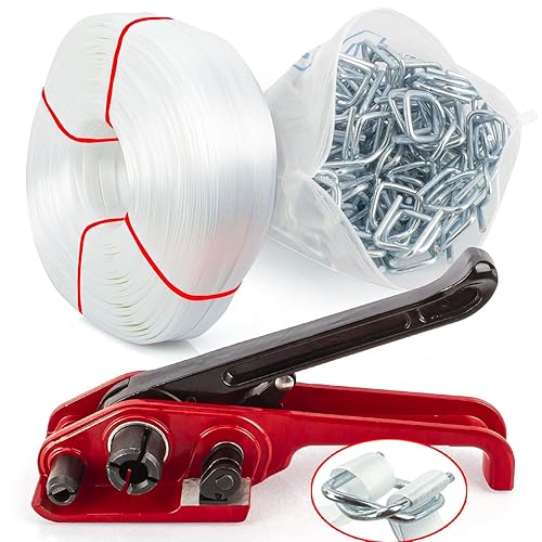 Heavy Duty Pallet Strapping Tools Kit for 1/2'~3/4' Strap,100 pcs Strapping Buckles and 3/4' x 820' Woven Cord Strapping Roll,2000 lbs Break Strength - Poueer