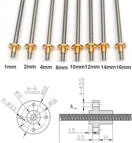 lead screw,linear motion lead screws, 3D Printer T8 Lead Screw, Lead 10mm 12mm 14mm Pitch 2mm Length 100mm to 800mm Stainless Steel Trapezoidal Rod with Brass Nut, 1pcs(Lead 14mm,600mm) - Poueer