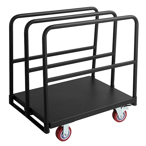 Steel Panel Truck Cart 2500 LBS, Heavy Duty Platform Truck Cart with 3 Side Handrails, Lumber Cart Drywall Cart Flatbed Cart with 4 Rubber Swivel Casters for Loading and Storage - Poueer