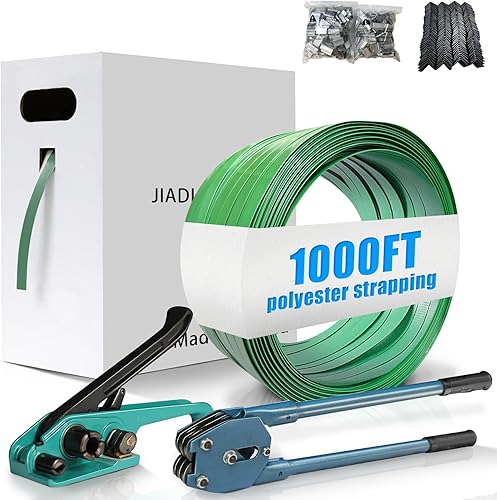 Heavy Duty Banding Strapping kit Contain 5/8'x 1000' Polyester (PET) Packaging Straps & 200 Metal Seals 100 Plastic Edge Protectors Tensioner with Cutter Sealer Tool - Poueer