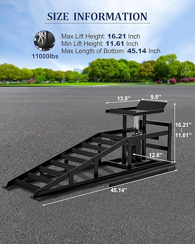 Hydraulic Car Ramps, 4-Position Adjustment, 5T 11000lbs Low Profile Car Lift Service Ramps Truck Trailer Garage,Height Hydraulic Vehicle Ramps, Lift Height 11.61-16.21 inches - Poueer