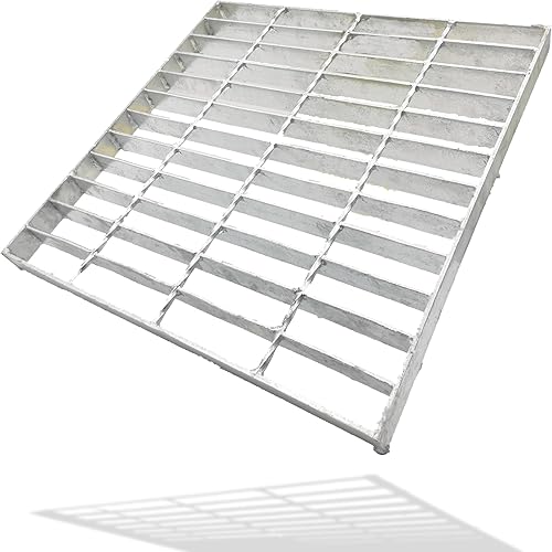 Galvanized Steel Drain Grate with Base, 16x16 Outdoor Drain Cover and Frame, B Class Sewer Grate with Lip, Durable Heavy Duty Channel Grate, Sliver Square Drainage Grate Driveway - Poueer