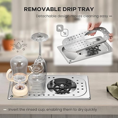 Huanyu Pitcher Rinser with 360 Degree Rotating High-Pressure Nozzle Stainless Steel Pitcher Washer with Drain and Drip Tray Automatic Cup Washer for Household and Commercial 12.78 * 6.97 * 1.58' - Poueer