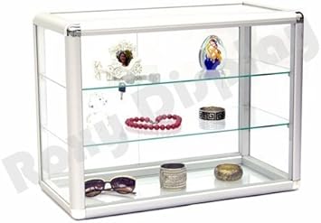 Black Aluminum Frame Tempered Glass Counter Top Display Showcase with Sliding Glass Door and Lock - Poueer
