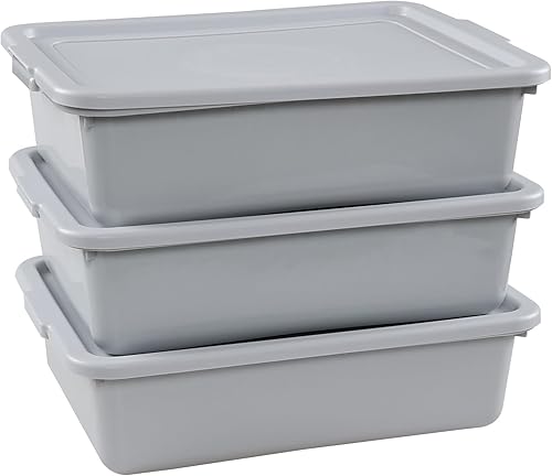 3-Pack 13 L Commercial Bus Tub Box, Plastic Restaurant Bus Tubs with Lids, Grey - Poueer