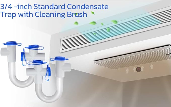 4Pack 3/4' Standard Condensate Trap with 19' Cleaning Brush PVC Transparent U Trap for HVAC Systems, Air Conditioner, Effectively Drains Condensate - Poueer