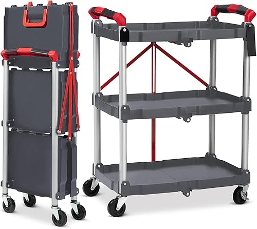 Foldable Utility Carts, 3-Tier Service Cart with Lockable Universal Wheels, Holds Folding Rolling Cart with Fixed Rope for Home, Office Garage and Warehouse No Assembly Require - Poueer