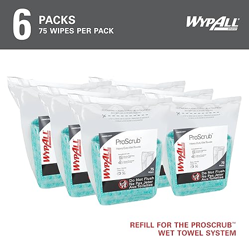 WypAll PowerClean ProScrub Heavy Duty Wet Towels (91371), Dual Action Cleaning, Large 9.5' x 12' Wipes, Bucket Included (6 Containers of 75 Sheets, 450 Sheet Total) - Poueer