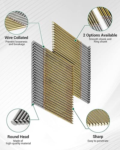 meite 28 Degree Framing Nails, Offset Round Head 2-3/8-Inch × .113-Inch Bright Coated Wire Weld Collated Nails Smooth Shank Framing Nails for Framing Nailer Gun (2,000 PCS) - Poueer