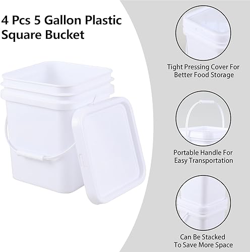 Vababa 5 Gallon Square Bucket White Bucket with Lid, 4 Pcs Plastic Bucket Food Storage Bucket with Handle and Lid - Poueer