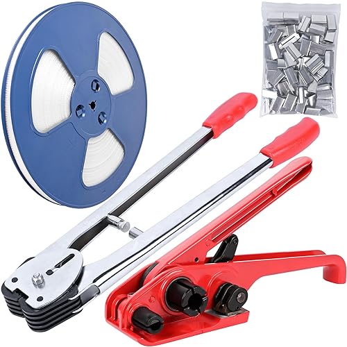 MYFAMIREA Heavy Duty Banding Strapping Kit with Tensioner Tool, 1/2' x 3500FT Polypropylene Plastic Packaging Strapping, 300 Metal Seals, Sealer Tool for Pallets, Logistics, Warehouse (Red) - Poueer