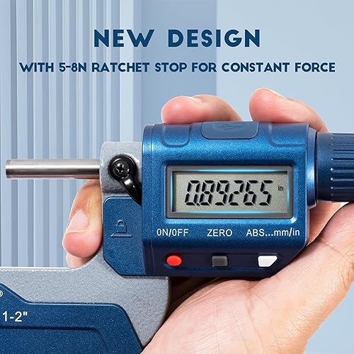 Dasqua Precision Professional 1-2'/25-50mm 0.00005'/0.001 mm Resolution Digital Outside Micrometer with Carbide Tip 1-2' Measuring Tool Metric/inch Conversion - Poueer