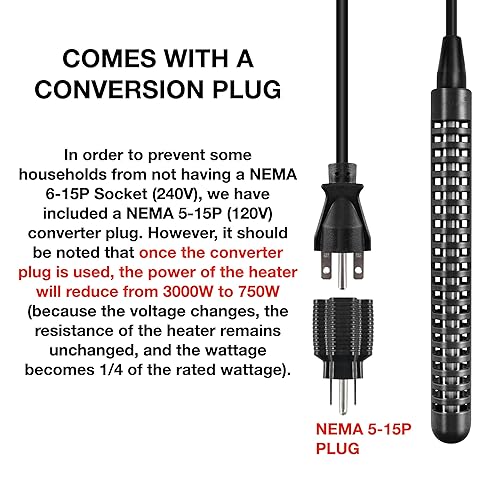240V 3000W Titanium Immersion Bathtub and Swimming Pool Water Heater,Fully Submersible Portable Electric Heater,30 Galons Bathtub Heater,Seawater Aquaculture,NEMA 6-15P Plug,100% Waterproof - Poueer