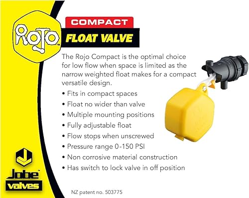 Jobe Valves J-RJVC0075 Rojo Compact Low-Pressure Valve with 2' Narrow-Weighted Float, 2' Extension Arm, 20L/Min, 150PSI, 3/4' NPT Inlet, Yellow/Black - Poueer