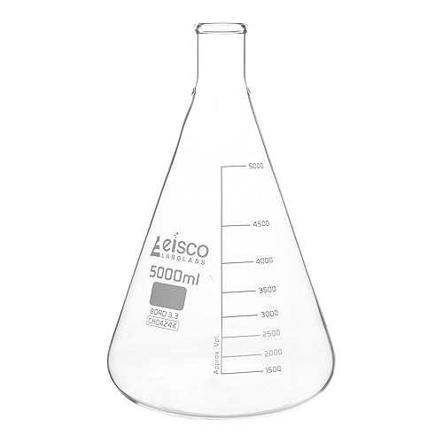EISCO Erlenmeyer Flask, 5000ml - Borosilicate Glass - Narrow Neck, Conical Shape - White Graduations - Poueer