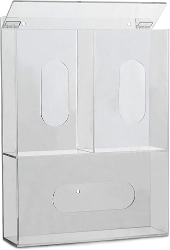 Triple Sanitation Station with Lid - Tabletop or Wall Mounted Acrylic Masks and Gloves Holder Dispenser Hairnet Dispenser with 3 Compartments - Glove Box Holder, Clear - Poueer