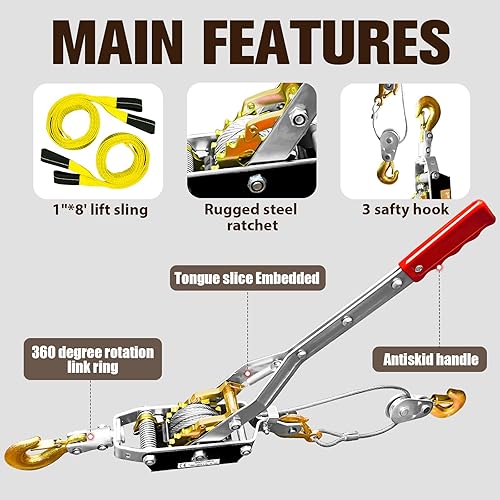 Come Along Winch Ratchet Tool 5 Ton Pulling Capacity 3 Hooks Steel Cable Dual Gear Power Puller with Two 1'x8FT Lifting Straps Hand Winch Cable Automotive Hoist Winch Puller Recovery Gear - Poueer