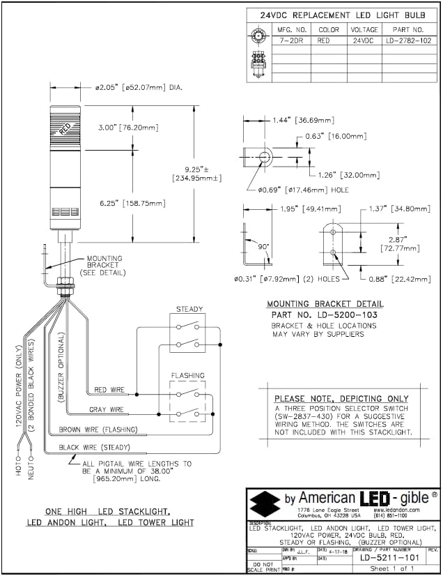 LED Andon LD-5211-101 LED Tower Light, LED andon light, LED stacklight, 120V, R with Flashing Capabilities - Poueer