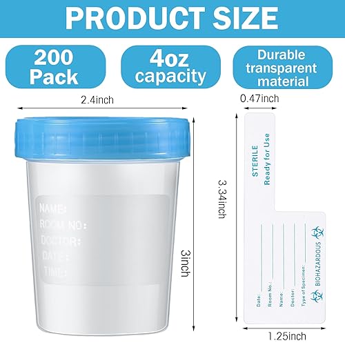 200 Pcs 200 Pcs Urine Specimen Cups with Lids and Evident Seal Urine Sample Cups Collection Cup Disposable for Collection and Testing (Blue Lids) - Poueer