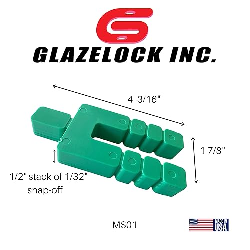 Glazelock MS01 1/32' Thick Shim 4 3/16' L x 1 7/8' W with 5/8' Slot Mini Snap-Off Stackable Square Horseshoe Plastic Flat Shims Green 1/2' Stack 125stacks/2000pc/box (2000, 1/32 inch) - Poueer